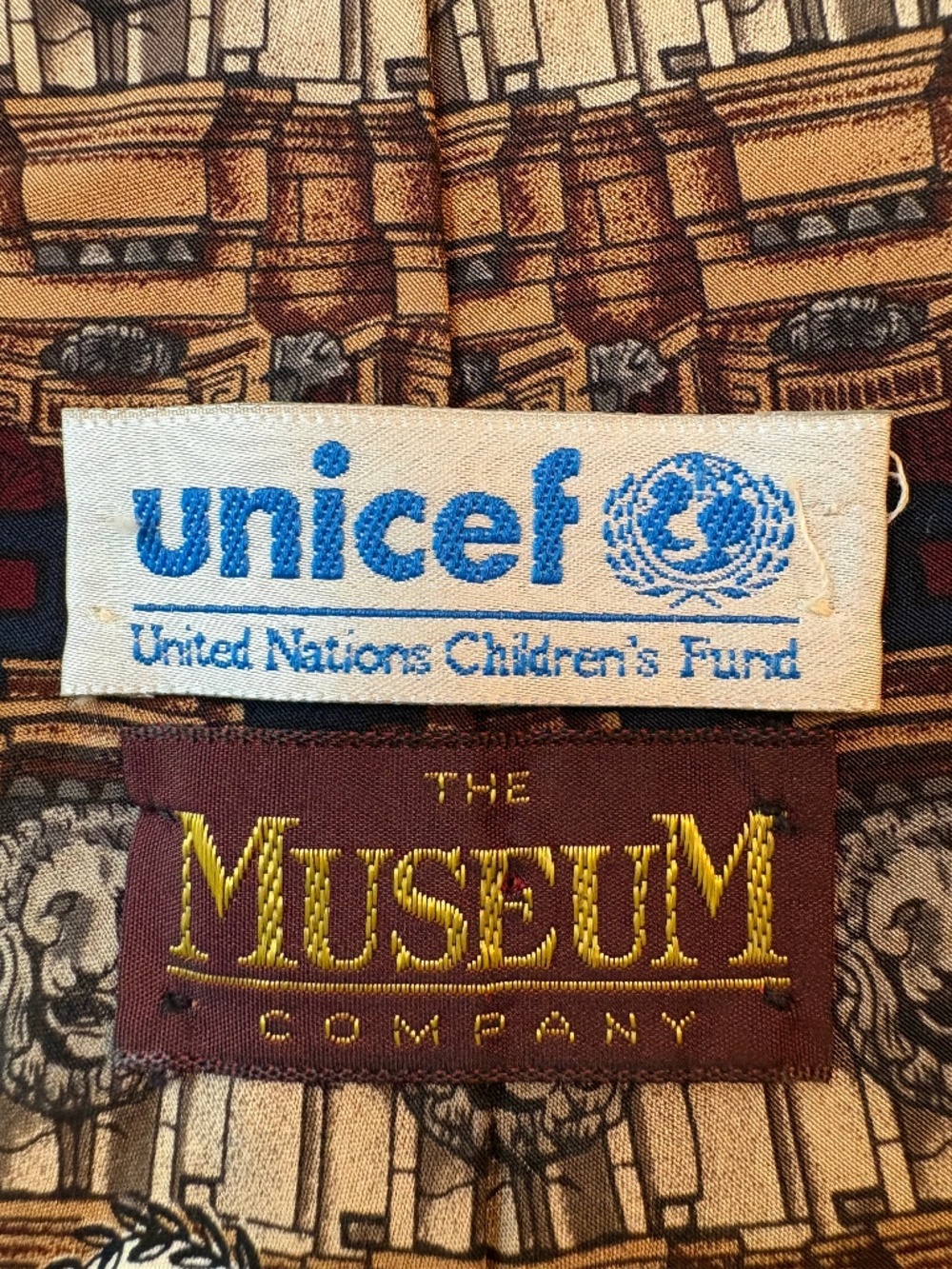 Vintage UNICEF x The Museum Company Silk Tie Stone Lions Architectural Print